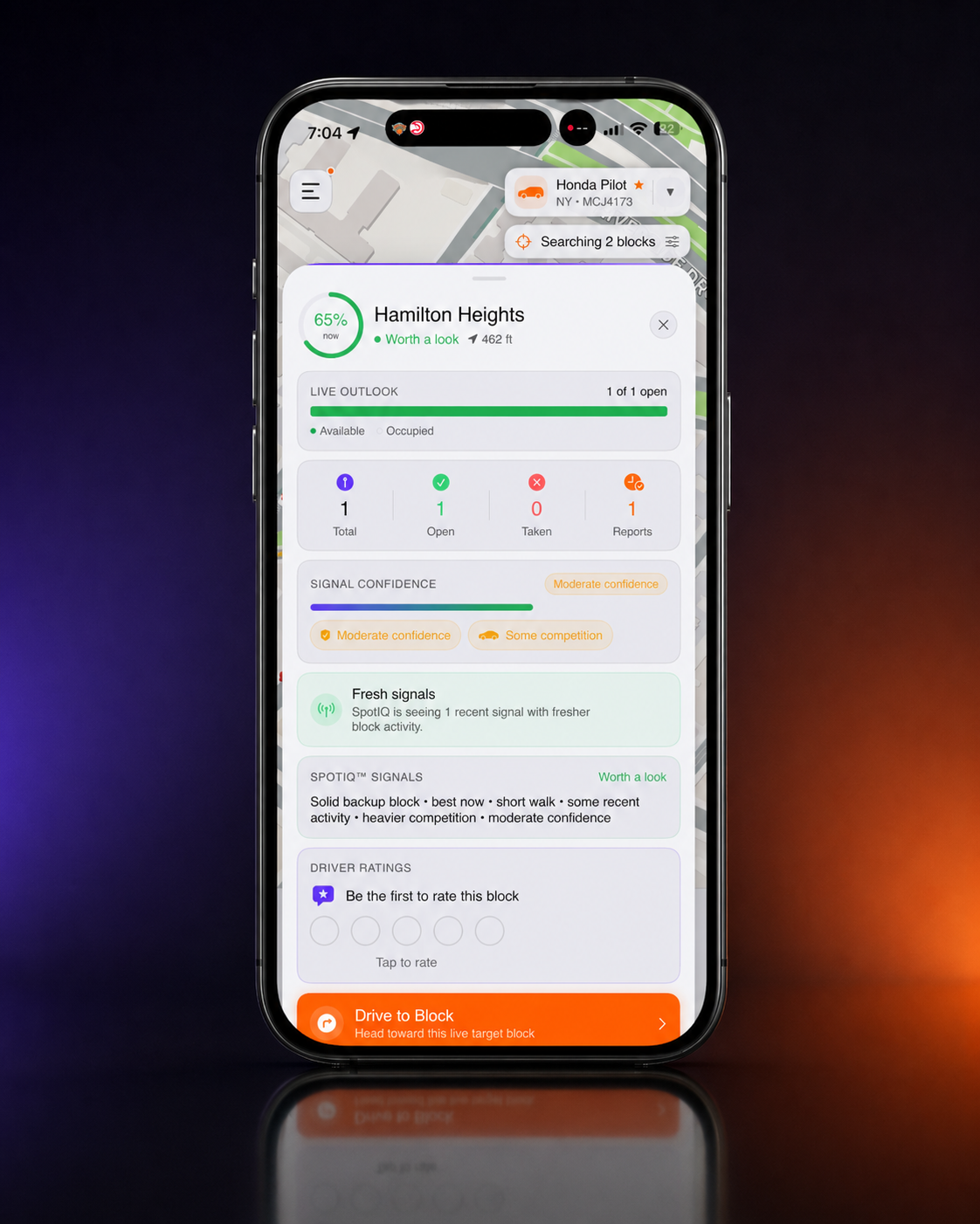 aSpot CurbIntel block detail showing live outlook, signal confidence, SpotIQ signals, and drive to block action