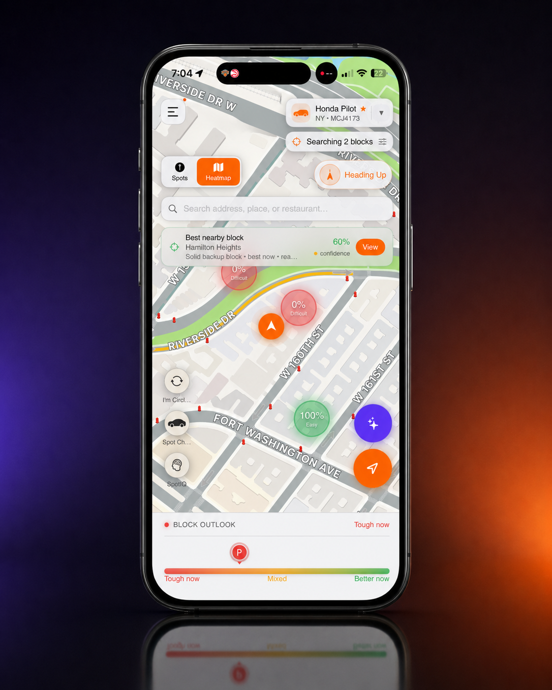 aSpot heatmap showing block outlook, confidence, and nearby parking pressure