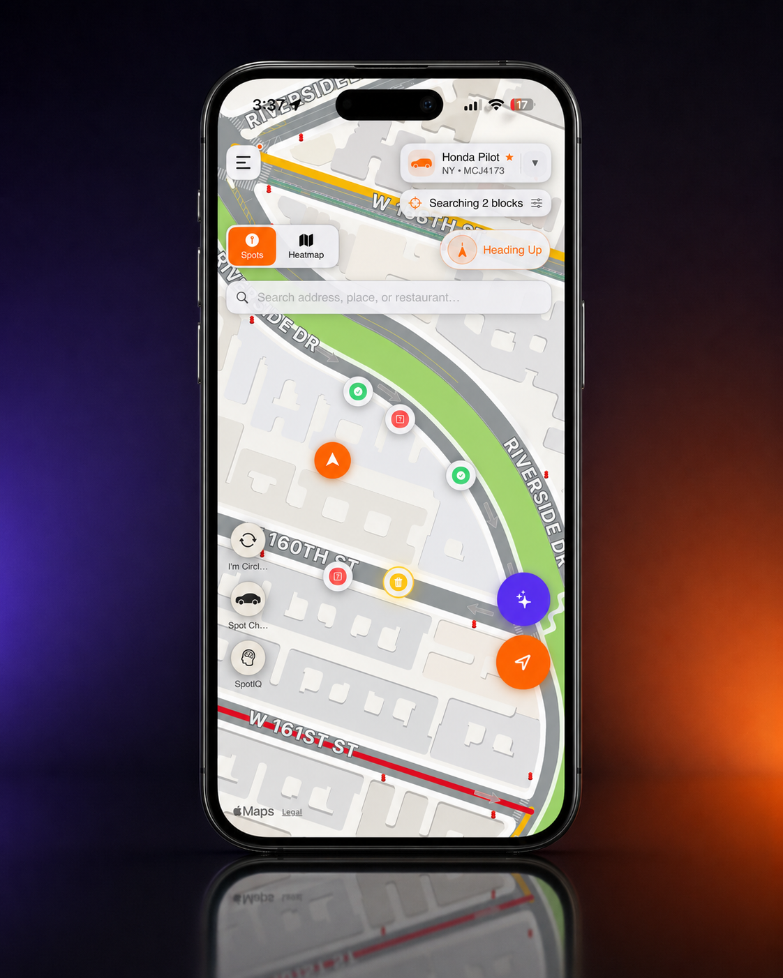 aSpot live spot map with nearby open, taken, and reported parking pins