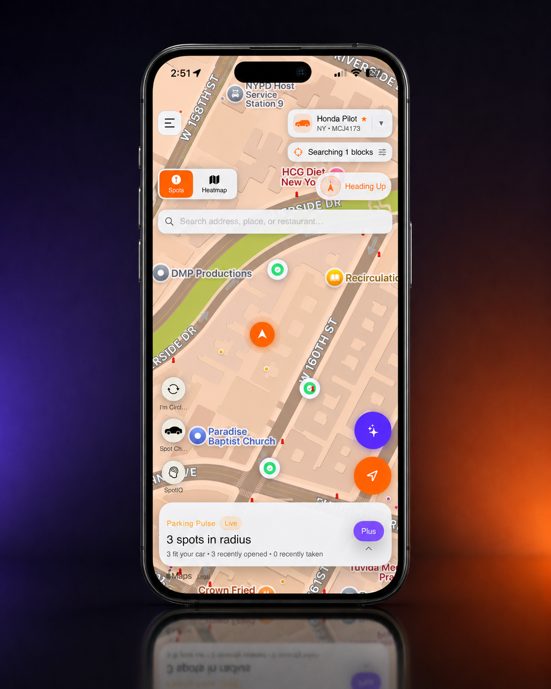 aSpot Parking Pulse panel showing live spots in radius