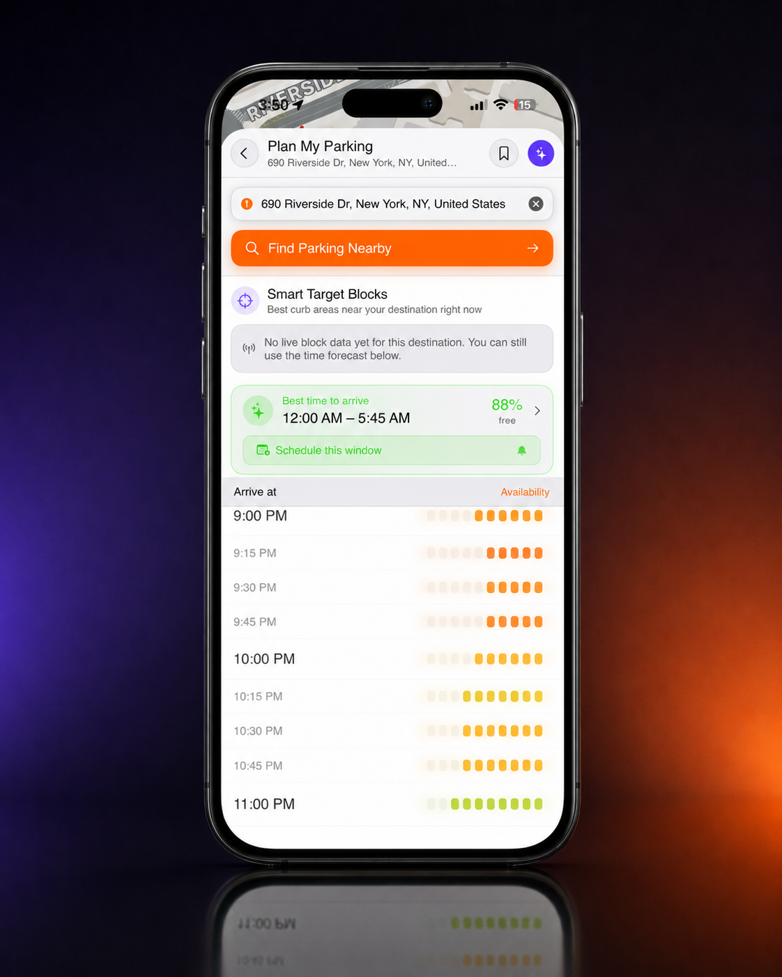 aSpot Plan My Parking availability forecast with best arrival window