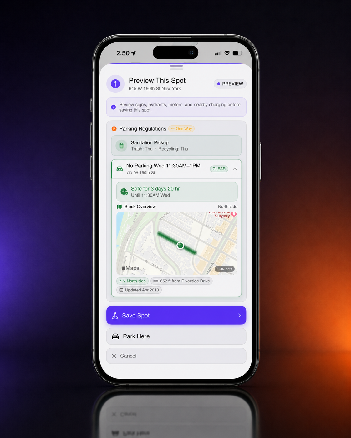 aSpot spot preview showing no parking rules, sanitation pickup, and save spot action